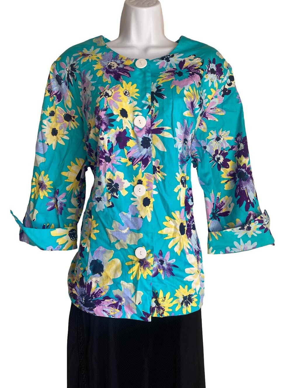 VTG Top Notch Plus 18 Boho Turquoise Floral 3/4 Sleeve Button Up Tunic Blouse